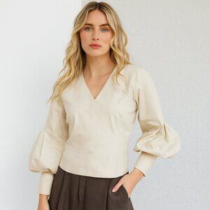 Maison Cinqcent Pleated Balloon Sleeve Top NWOT V Neck Cotton